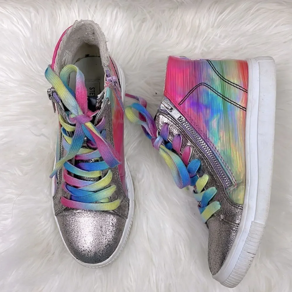 Steve Madden | Holographic high top sneakers 3.0 rainbow laces.